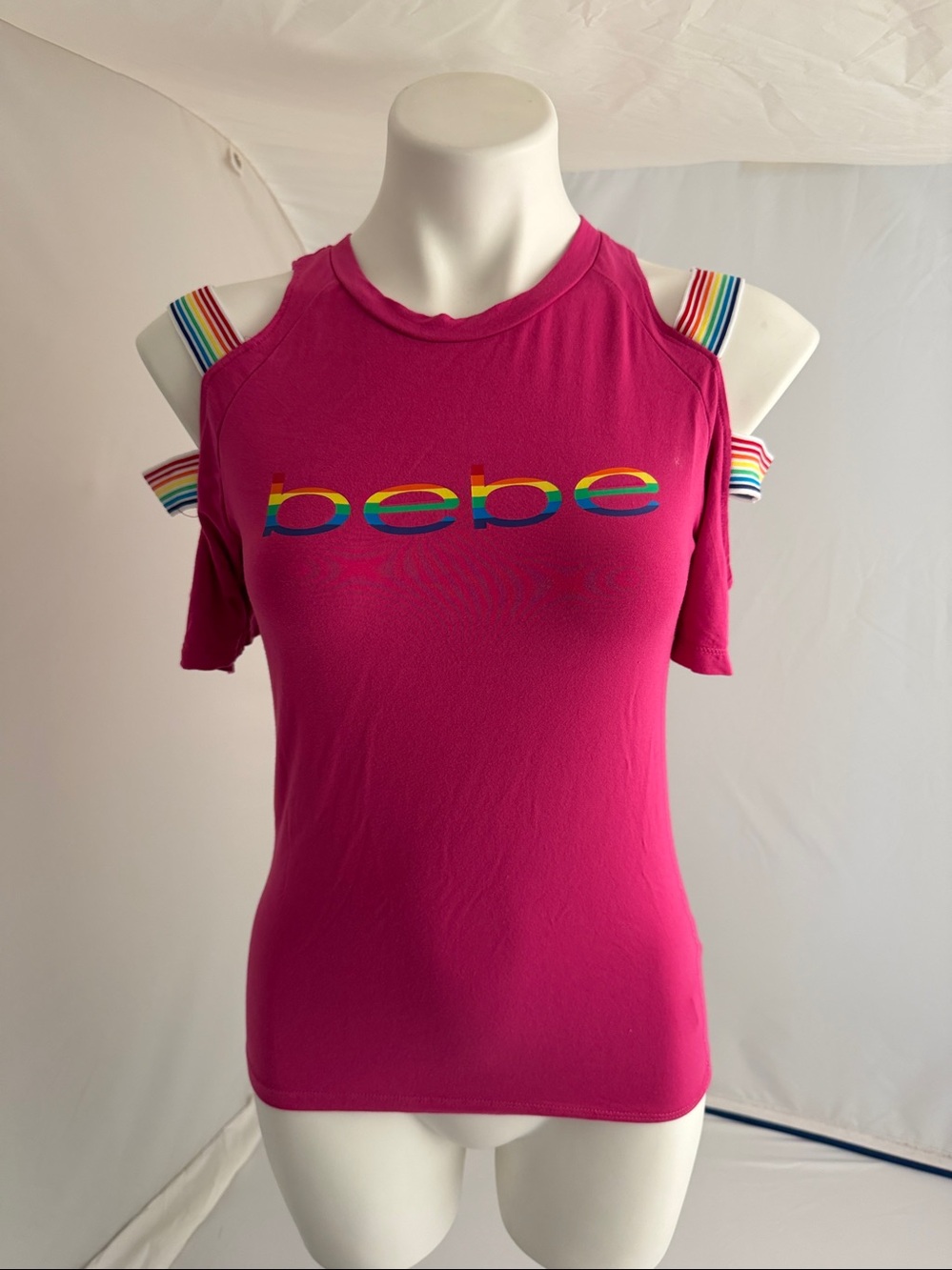 bebe hot pink fitted stretch rainbow logo could shoulder tee with rainbow straps